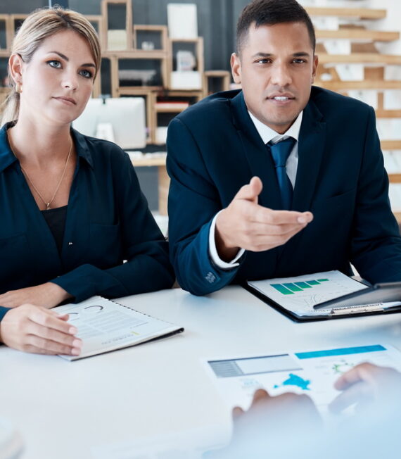 Interview, human resources and hiring with a business man and woman in a meeting for recruitment an.